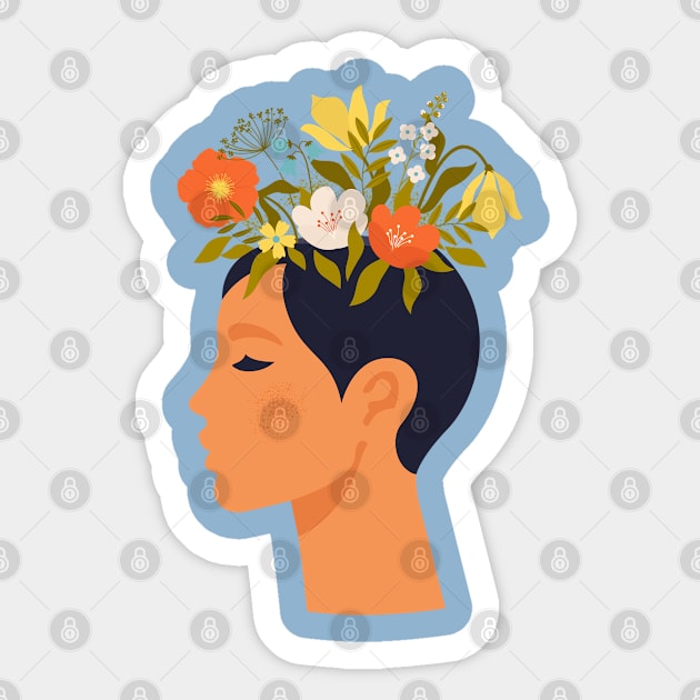 Woman with closed eyes and flowers on head Sticker by angelina_bambina